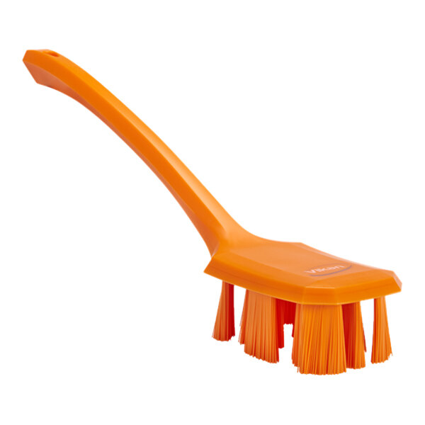 Vikan Ultra Safe Technology 41967 15 5/8" Orange Hand Brush with Long Handle and Stiff Bristles