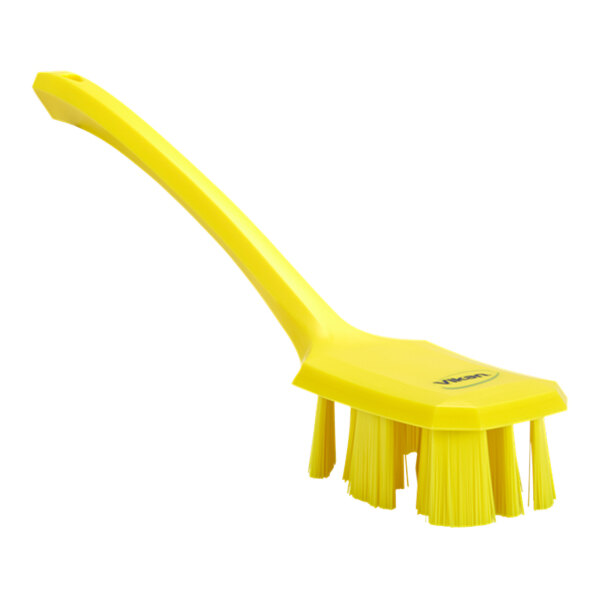 Vikan Ultra Safe Technology 41966 15 5/8" Yellow Hand Brush with Long Handle and Stiff Bristles