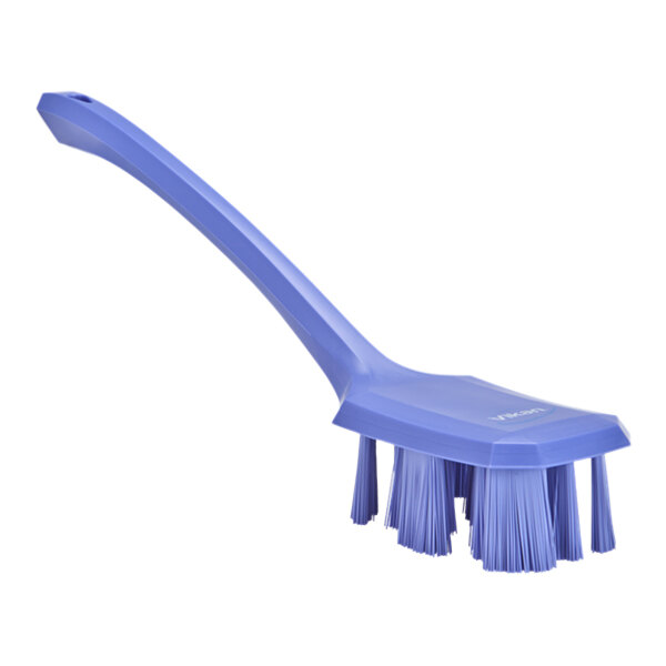 Vikan Ultra Safe Technology 41968 15 5/8" Purple Hand Brush with Long Handle and Stiff Bristles