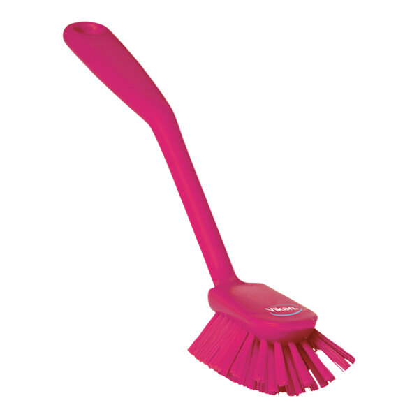Vikan 42371 11" Pink Dish Brush with Scraping Edge with Medium Bristles