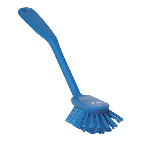 Vikan 42373 11" Blue Dish Brush with Scraping Edge with Medium Bristles