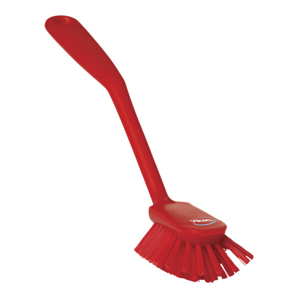 Vikan 42374 11" Red Dish Brush with Scraping Edge with Medium Bristles