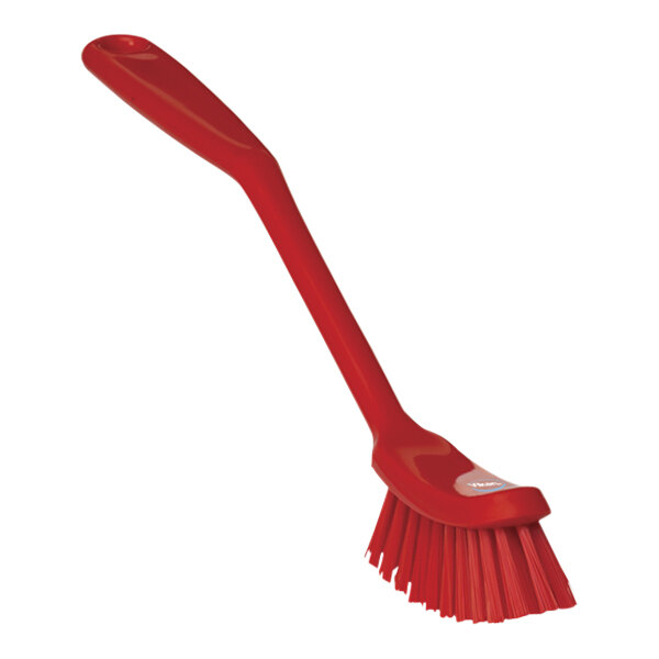 Vikan 42874 11 7/16" Red Narrow Dish Brush with Medium Bristles