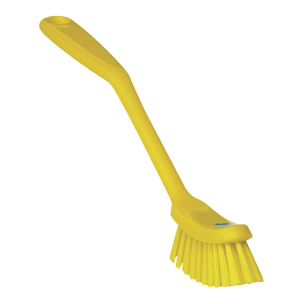Vikan 42876 11 7/16" Yellow Narrow Dish Brush with Medium Bristles