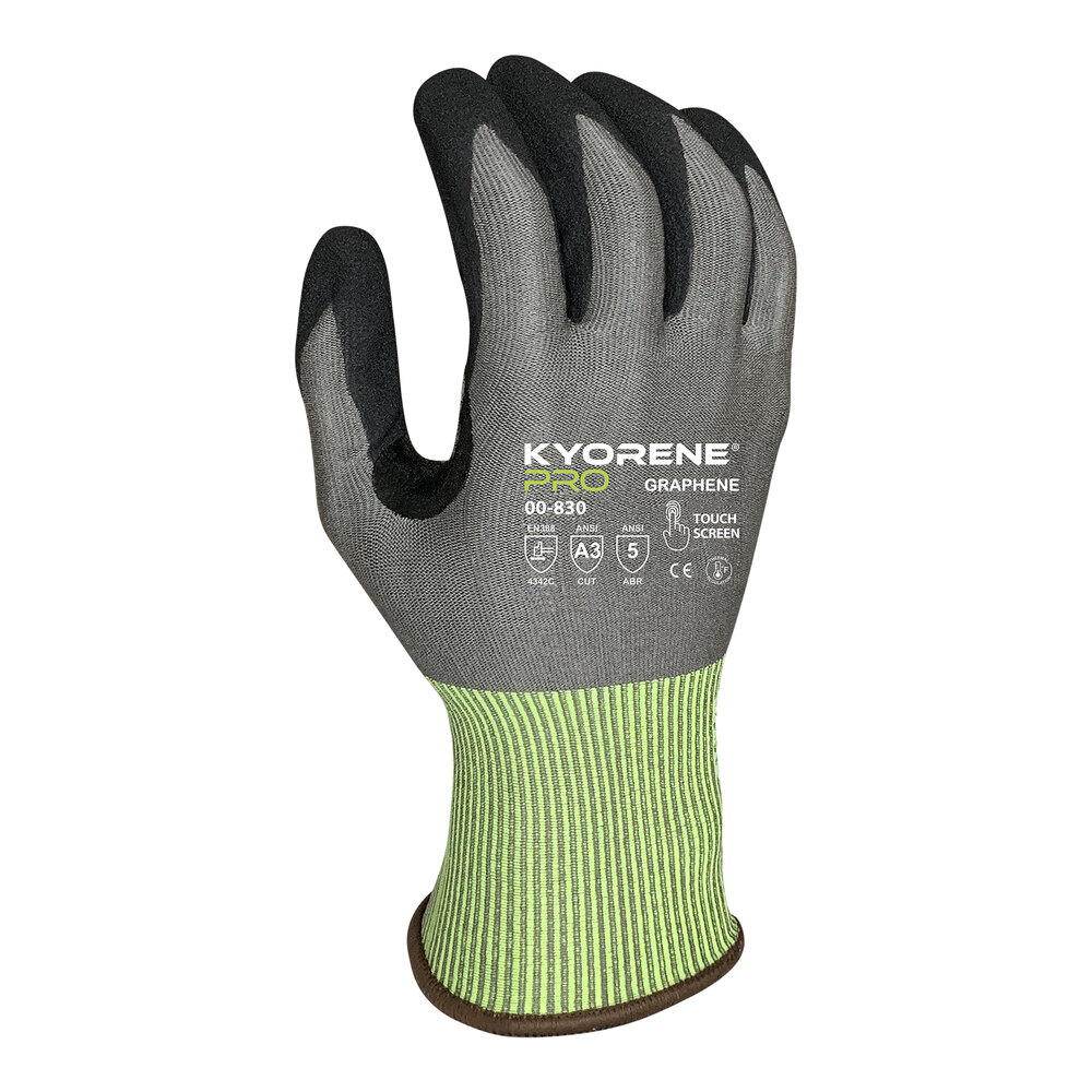 Armor Guys Kyorene Pro 00-830-M Gray 18 Gauge A3 Graphene Gloves with Black HCT Microfoam Nitrile Palm Coating and Yellow Cuff - Medium