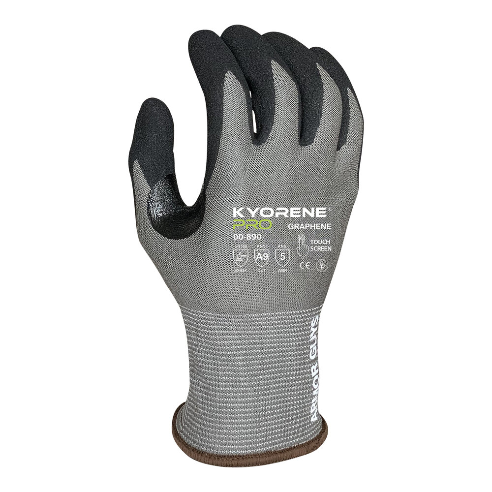 Armor Guys Kyorene Pro 00-890-M Gray 18 Gauge A9 Graphene Gloves with Black HCT Microfoam Nitrile Palm Coating and White Cuff - Medium