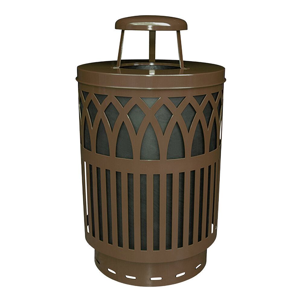 Witt Industries COV40P-RC-BN Covington 40 Gallon Brown Steel Round Outdoor Decorative Trash Can with Rain Cap Lid