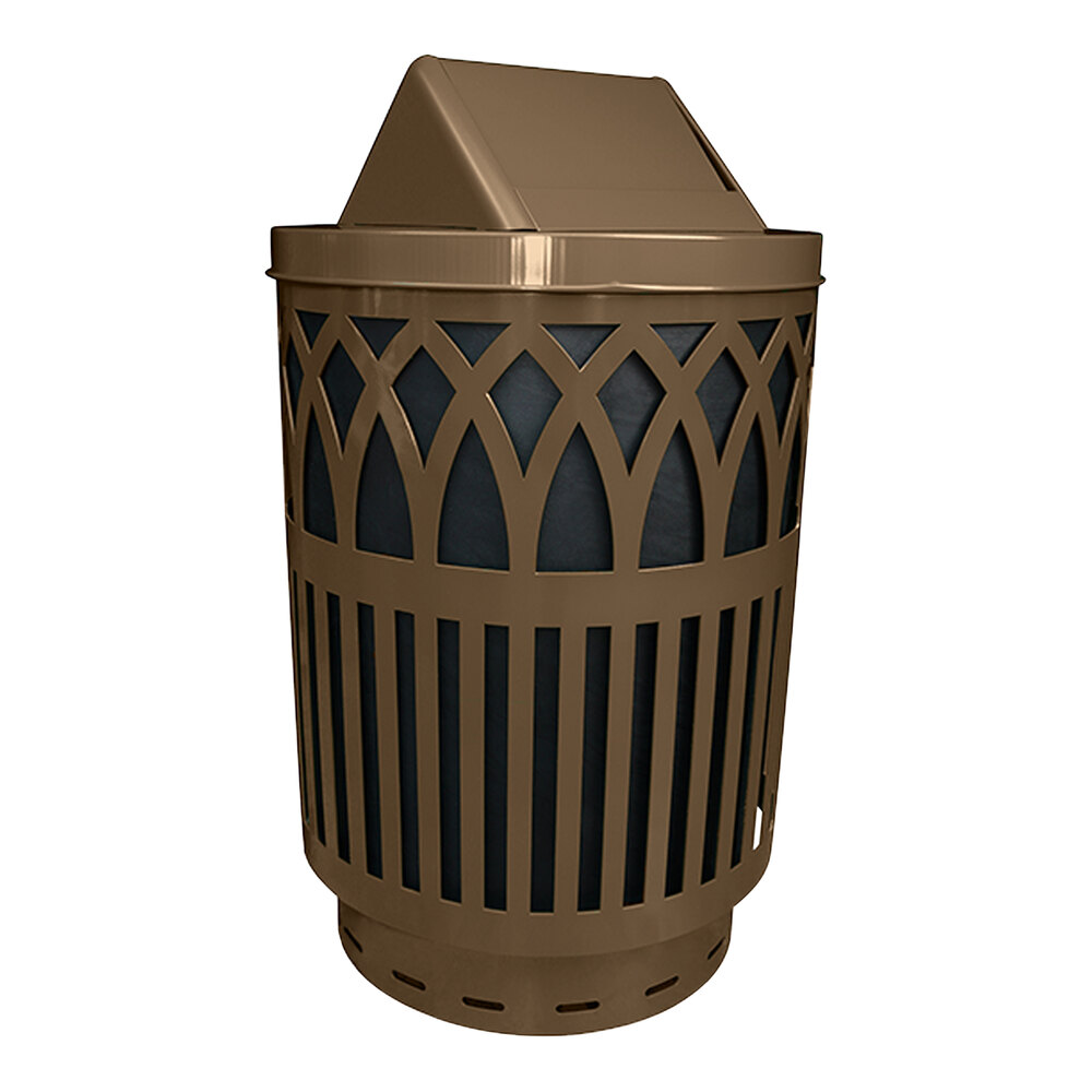 Witt Industries COV40P-SWT-BN Covington 40 Gallon Brown Steel Round Outdoor Decorative Trash Can with Swing Top Lid