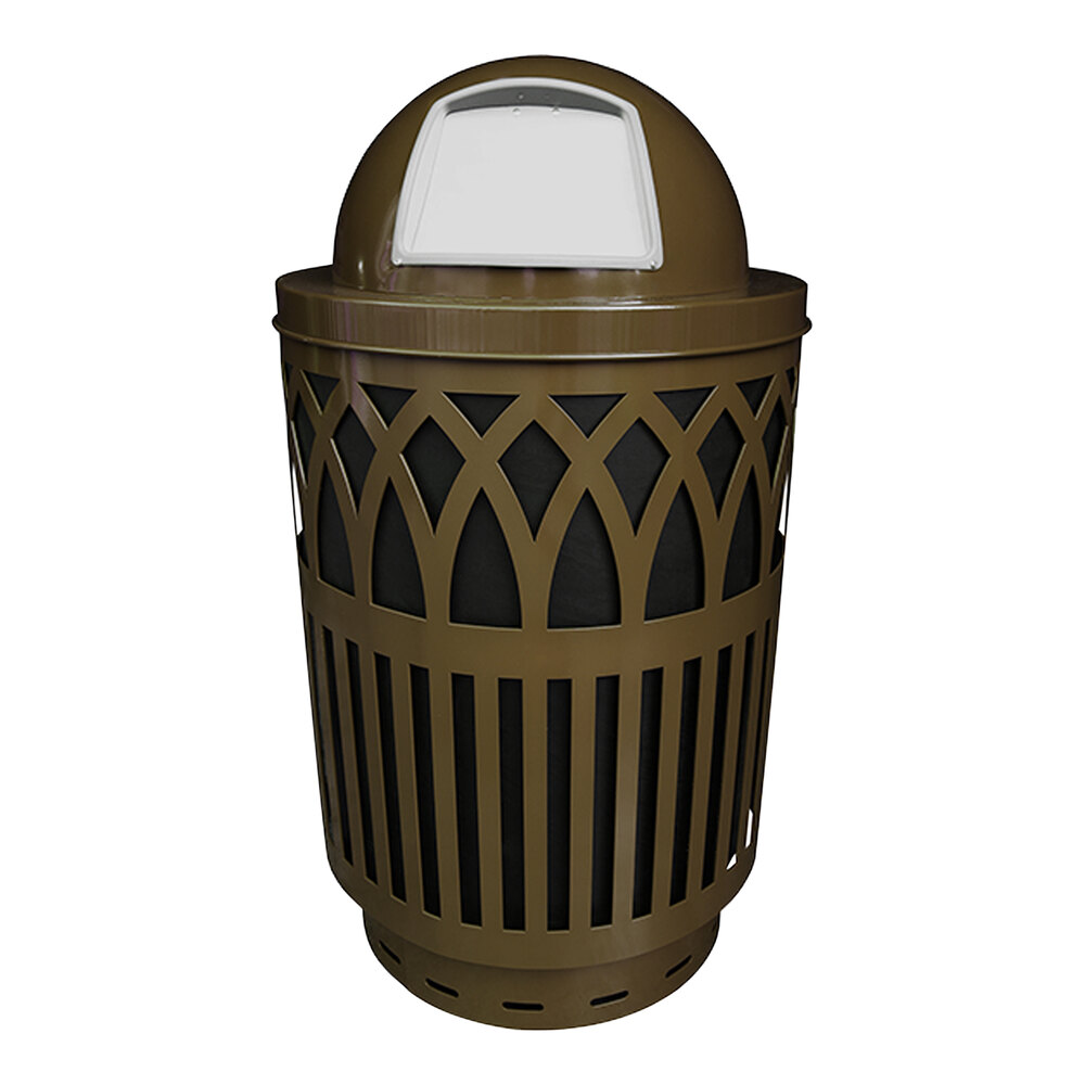 Witt Industries COV40P-DT-BN Covington 40 Gallon Brown Steel Round Outdoor Decorative Trash Can with Push Door Dome Top Lid