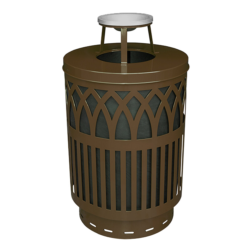 Witt Industries COV40P-AT-BN Covington 40 Gallon Brown Steel Round Outdoor Decorative Trash Can with Ash Top Lid