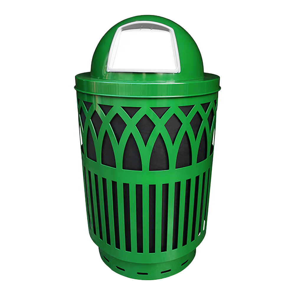 Witt Industries COV40P-DT-GN Covington 40 Gallon Green Steel Round Outdoor Decorative Trash Can with Push Door Dome Top Lid