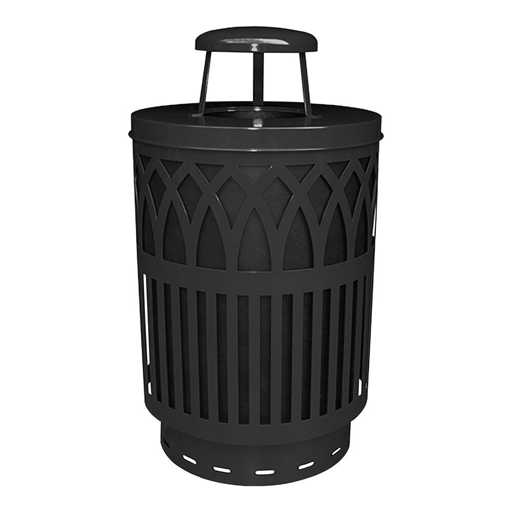 Witt Industries COV40P-RC-BK Covington 40 Gallon Black Steel Round Outdoor Decorative Trash Can with Rain Cap Lid