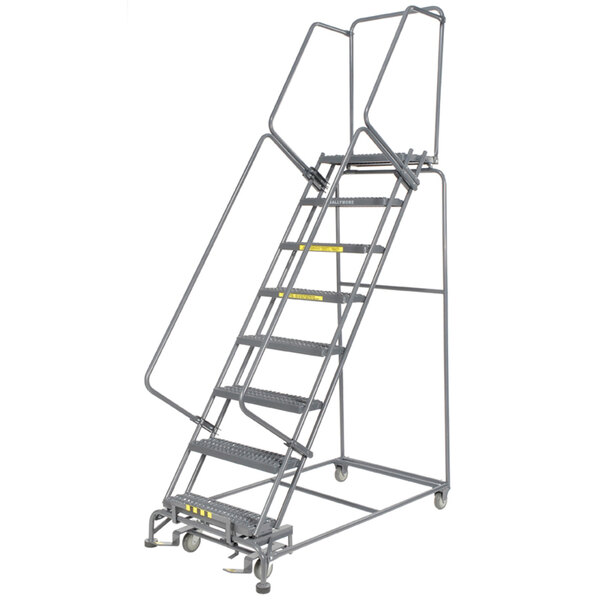 Ballymore M-2000 Series 8-Step Gray Steel Cal/OSHA Compliant Rolling Safety Ladder with 42" Handrail, 16" Wide Steps, and 14" Deep Top Step CAL-082414