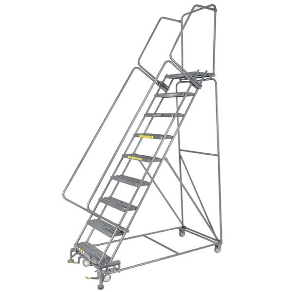 Ballymore M-2000 Series 9-Step Gray Steel Cal/OSHA Compliant Rolling Safety Ladder with 42" Handrail, 24" Wide Steps, and 14" Deep Top Step CAL-093214