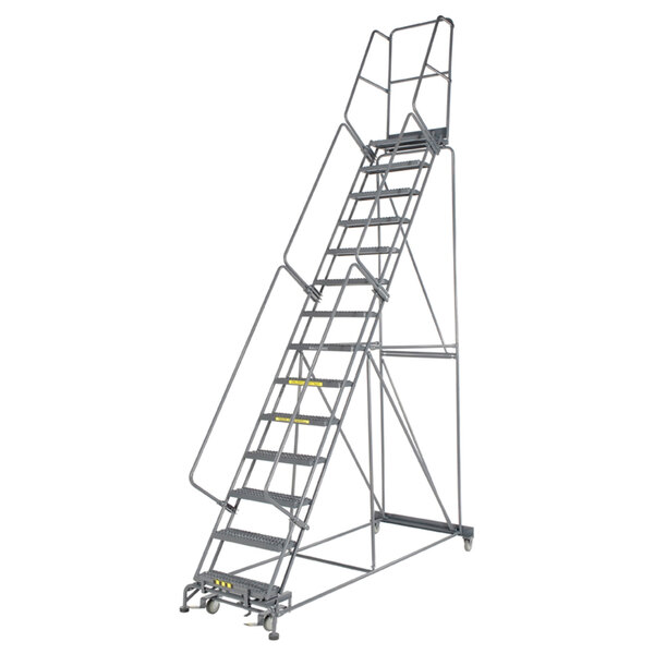 Ballymore M-2000 Series 14-Step Gray Steel Cal/OSHA Compliant Rolling Safety Ladder with 42" Handrail, 24" Wide Steps, and 14" Deep Top Step CAL-144014