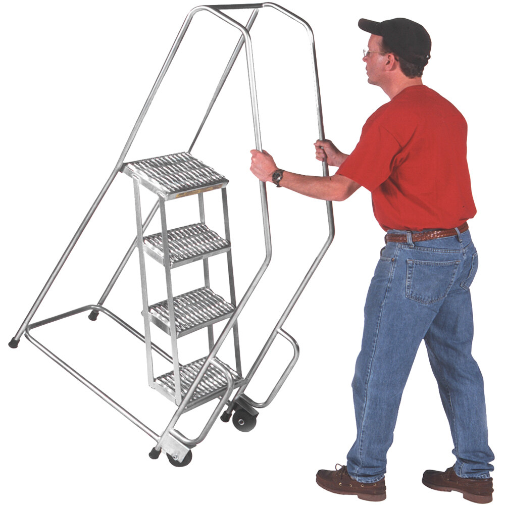 Ballymore Tilt & Roll 7-Step Aluminum Cal/OSHA Compliant Rolling Safety Ladder with 42" Handrail, 24" Wide Steps, and 10" Deep Top Step CAL-A7SH30-TR