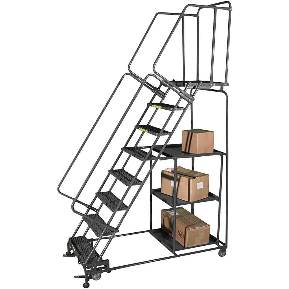 Ballymore 7-Step Gray Steel Cal/OSHA Compliant Rolling Safety Ladder / Stock Picking Cart with 42" Handrail, 2 Shelves, 16" Wide Steps, and 21" Deep Top Step CAL-SPL-7-N