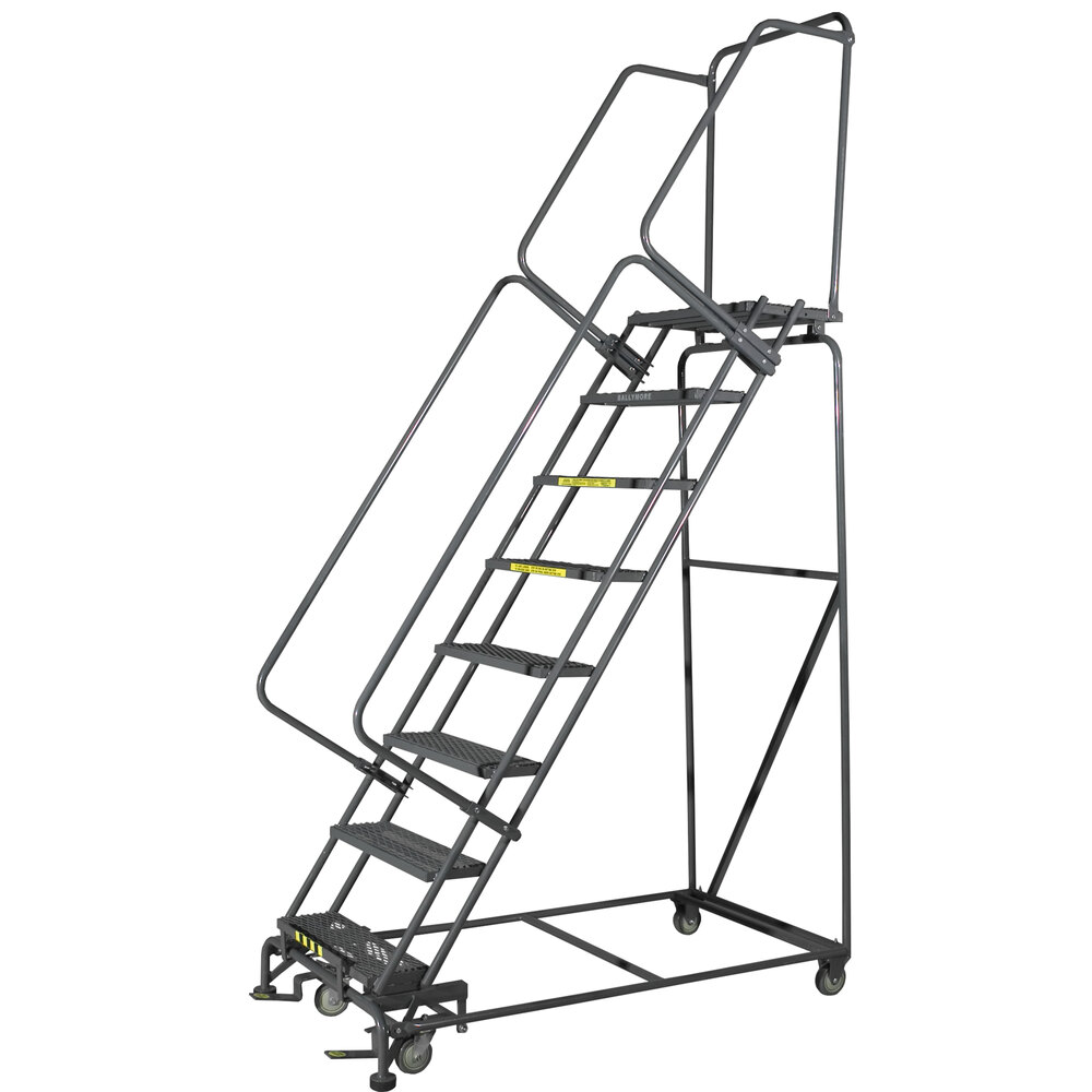 Ballymore 6-Step Gray Steel Cal/OSHA Compliant 50-Degree Slope Walk Down Rolling Ladder with 42" Handrail and 24" Wide Steps CAL-SW632