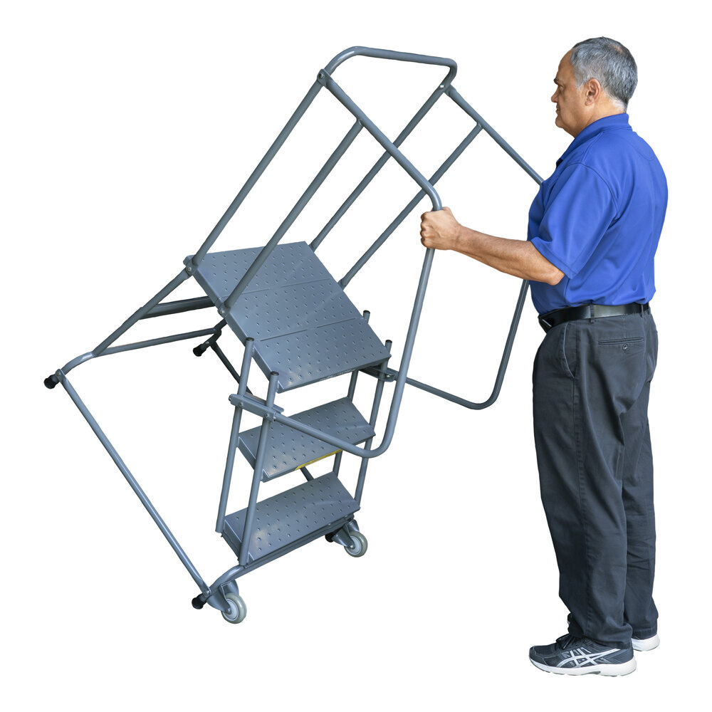 Ballymore Tilt & Roll 5-Step Gray Steel Cal/OSHA Compliant Rolling Safety Ladder with 42" Handrail, 24" Wide Steps, and 4" Caster CAL-TR-5