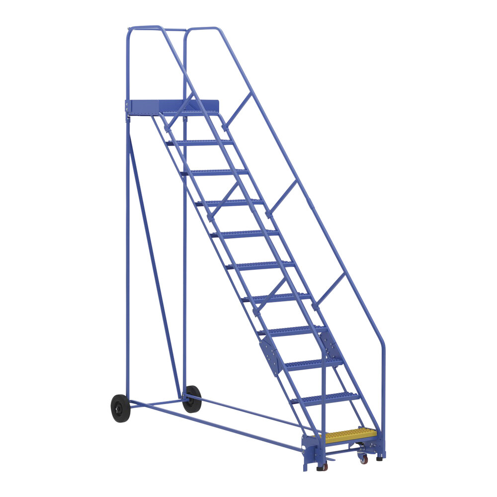 Vestil 11-Step Steel Rolling Warehouse Ladder with 23 9/16" Wide Grip Strut 50-Degree Angled Steps and 21" Deep Top Step LAD-11-21-G-EZ