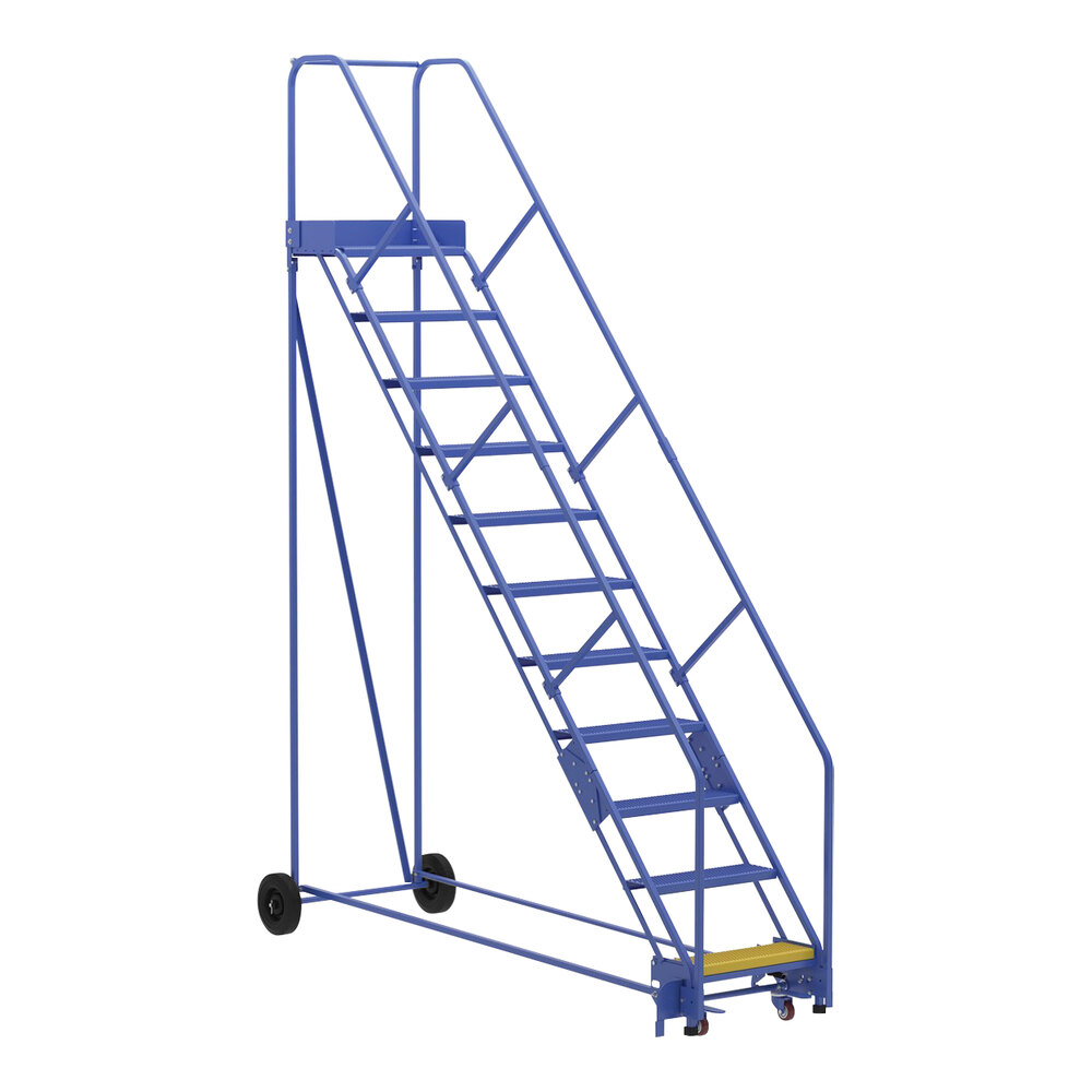 Vestil 11-Step Steel Rolling Warehouse Ladder with 23 9/16" Wide Perforated 50-Degree Angled Steps and 14" Deep Top Step LAD-11-14-P-EZ