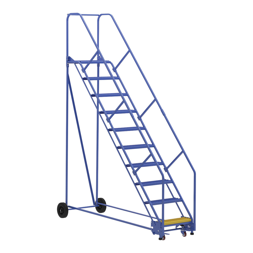 Vestil 10-Step Steel Rolling Warehouse Ladder with 23 9/16" Wide Grip Strut 50-Degree Angled Steps and 14" Deep Top Step LAD-10-14-G-EZ