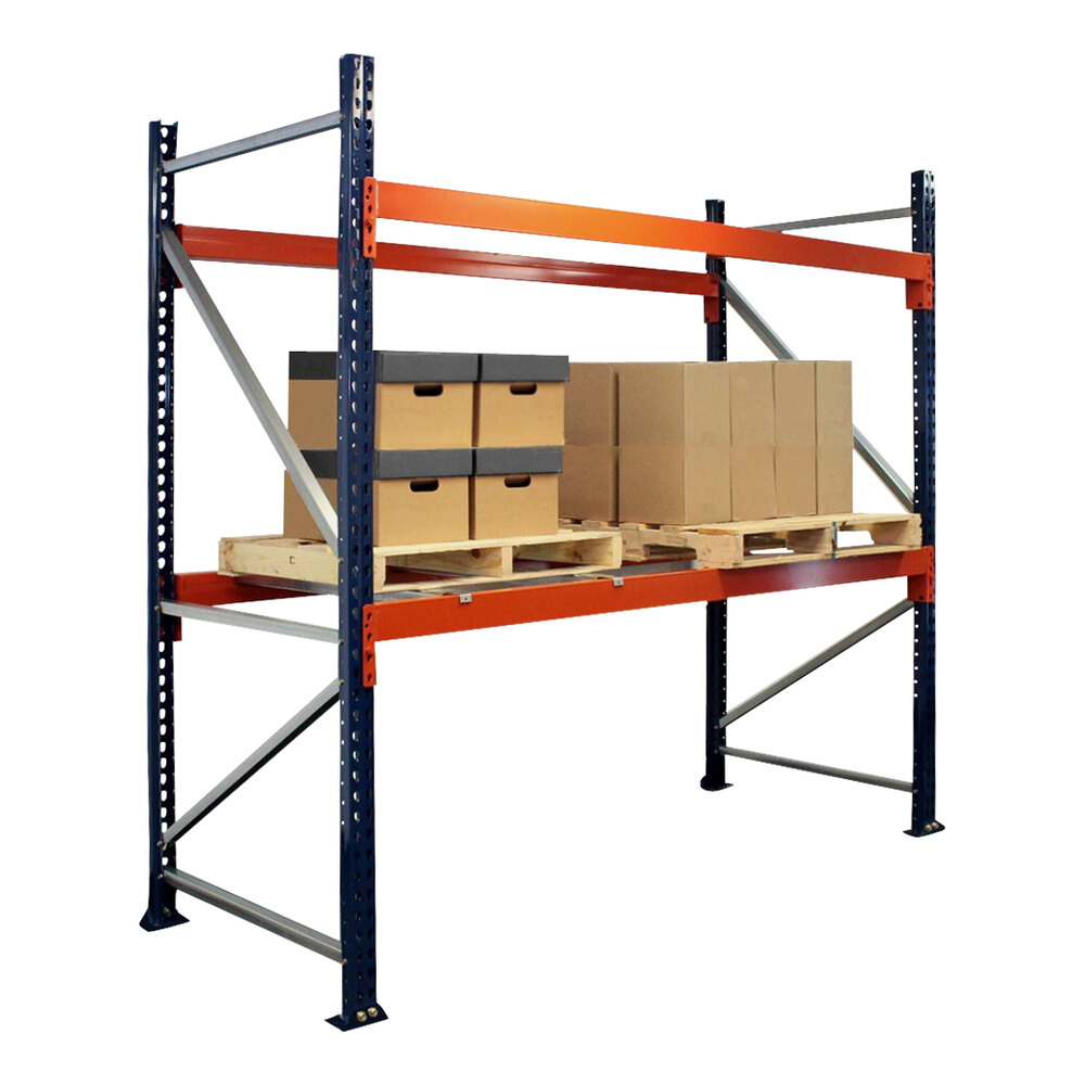 Interlake Mecalux 144" x 42" x 96" Blue / Orange Heavy-Duty Bolted Teardrop Pallet Rack Starter 314964265E144S - 7,110 lb. Individual Shelf Capacity