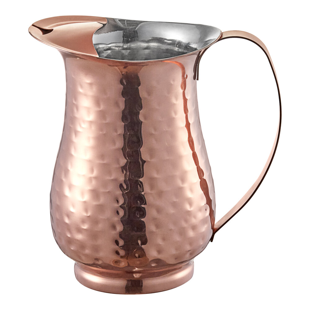 Acopa 64 oz. Hammered Copper Stainless Steel Slender Bell Pitcher with Ice Guard