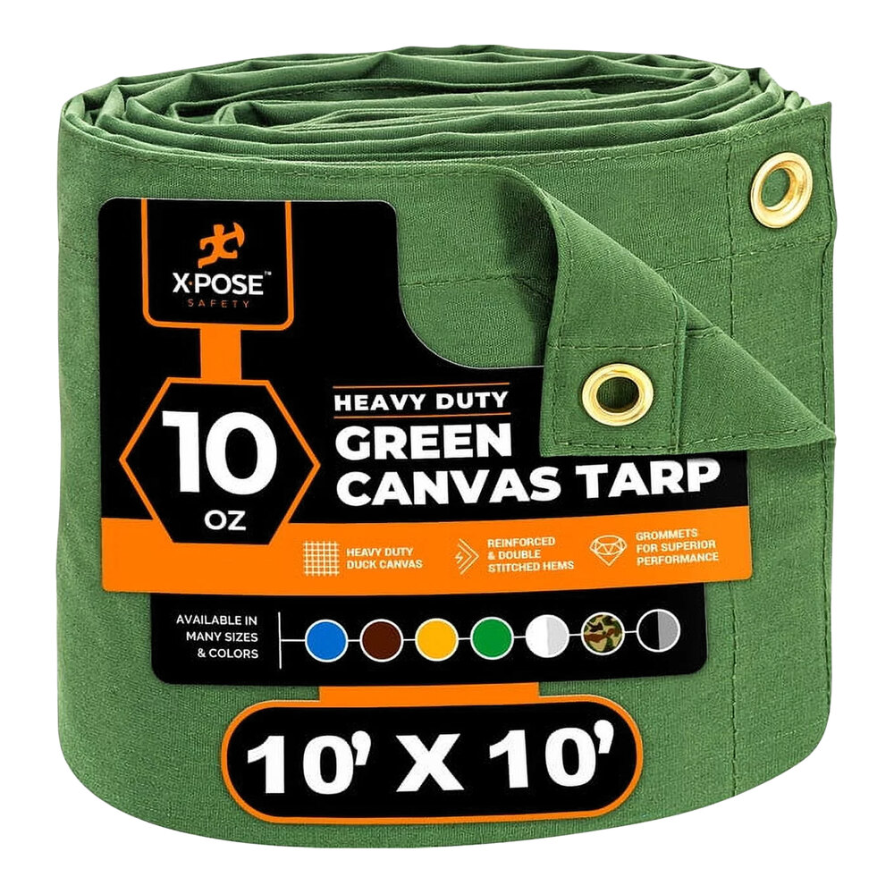Xpose Safety 10' x 10' Green Heavy-Duty Weatherproof 10 oz. Poly Canvas Tarp CTG10-1010