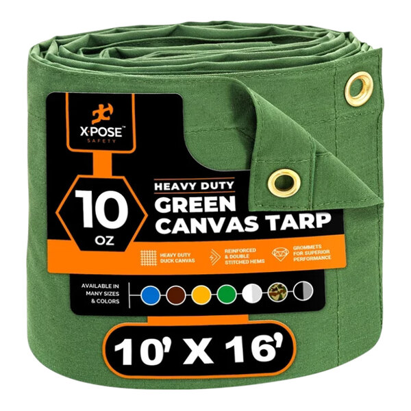 Xpose Safety 10' x 16' Green Heavy-Duty Weatherproof 10 oz. Poly Canvas Tarp CTG10-1016