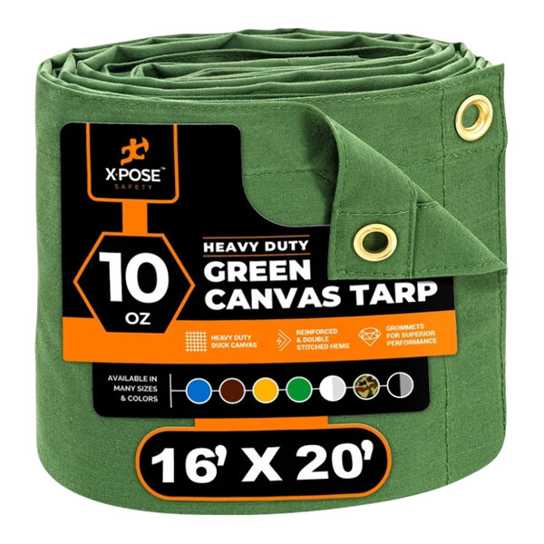 Xpose Safety 16' x 20' Green Heavy-Duty Weatherproof 10 oz. Poly Canvas Tarp CTG10-1620
