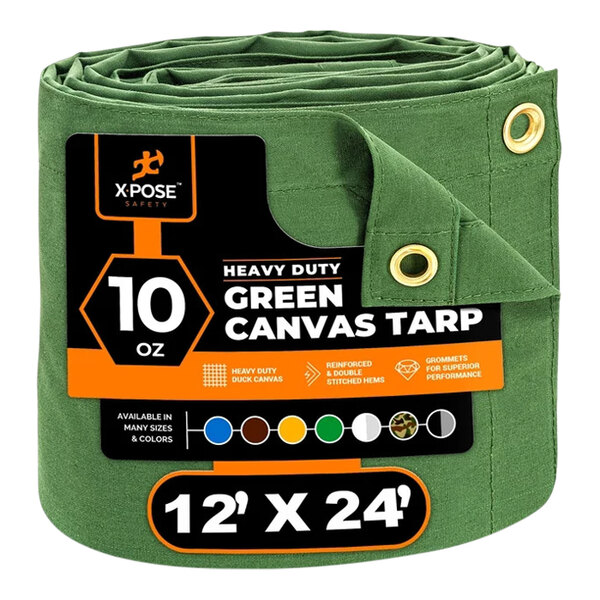 Xpose Safety 12' x 24' Green Heavy-Duty Weatherproof 10 oz. Poly Canvas Tarp CTG10-1224