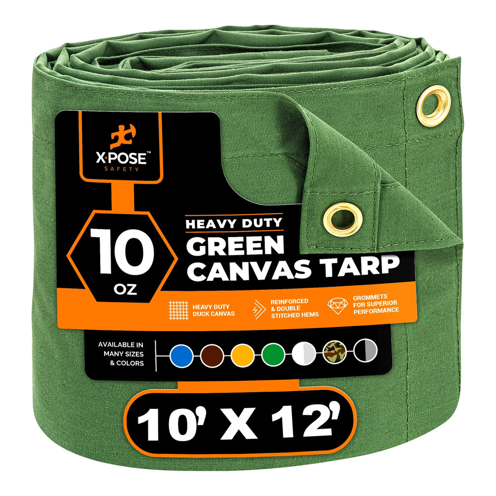 Xpose Safety 10' x 12' Green Heavy-Duty Weatherproof 10 oz. Poly Canvas Tarp CTG10-1012