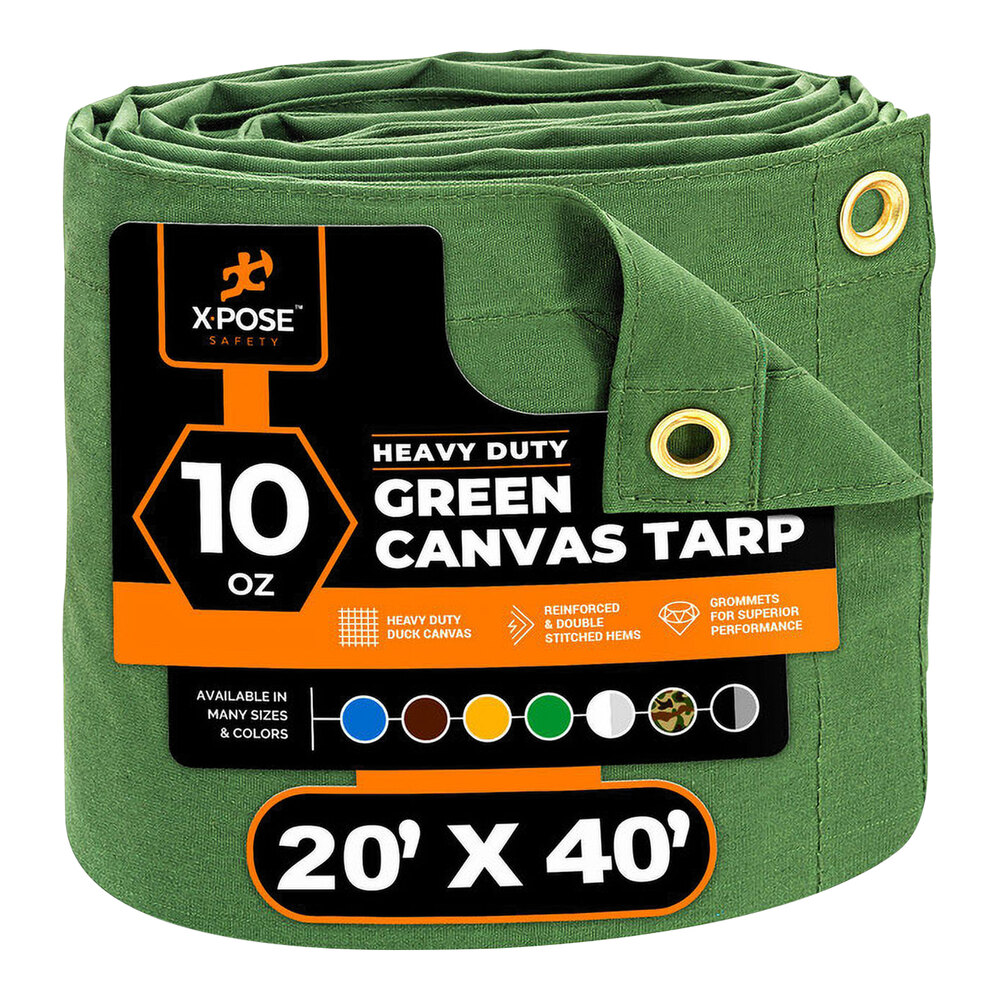 Xpose Safety 20' x 40' Green Heavy-Duty Weatherproof 10 oz. Poly Canvas Tarp CTG10-2040