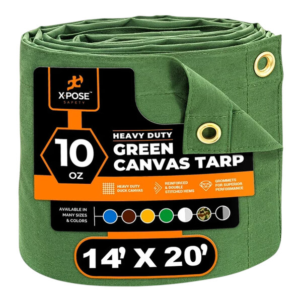 Xpose Safety 14' x 20' Green Heavy-Duty Weatherproof 10 oz. Poly Canvas Tarp CTG10-1420