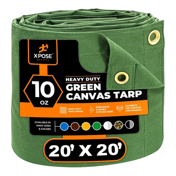Xpose Safety 20' x 20' Green Heavy-Duty Weatherproof 10 oz. Poly Canvas Tarp CTG10-2020