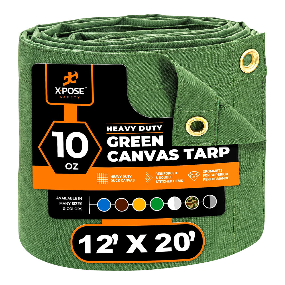 Xpose Safety 12' x 20' Green Heavy-Duty Weatherproof 10 oz. Poly Canvas Tarp CTG10-1220