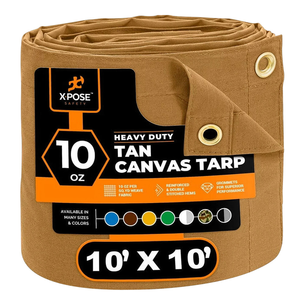 Xpose Safety 10' x 10' Tan Heavy-Duty Weatherproof 10 oz. Poly Canvas Tarp CTT10-1010