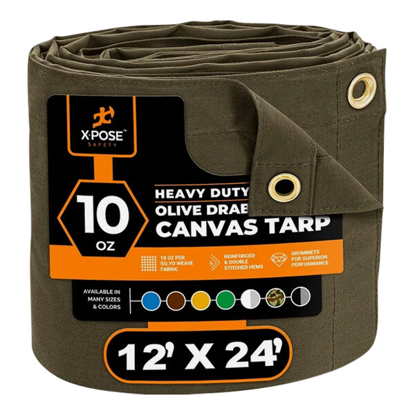 Xpose Safety 12' x 24' Olive Drab Heavy-Duty Weatherproof 10 oz. Poly Canvas Tarp CTOD10-1224