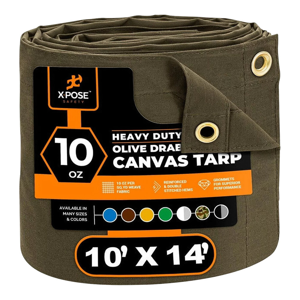 Xpose Safety 10' x 14' Olive Drab Heavy-Duty Weatherproof 10 oz. Poly Canvas Tarp CTOD10-1014