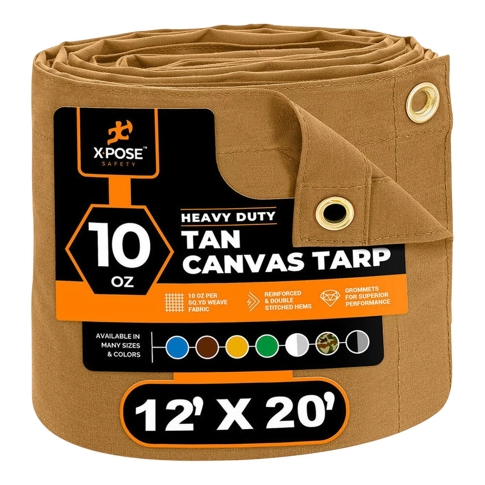 Xpose Safety 12' x 20' Tan Heavy-Duty Weatherproof 10 oz. Poly Canvas Tarp CTT10-1220
