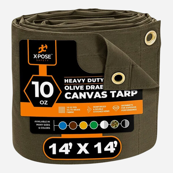 Xpose Safety 14' x 14' Olive Drab Heavy-Duty Weatherproof 10 oz. Poly Canvas Tarp CTOD10-1414