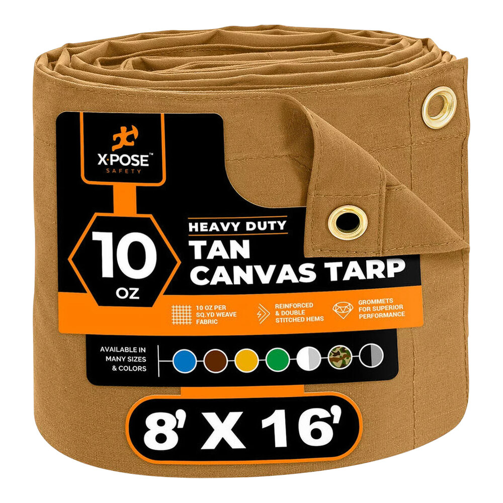 Xpose Safety 8' x 16' Tan Heavy-Duty Weatherproof 10 oz. Poly Canvas Tarp CTT10-816