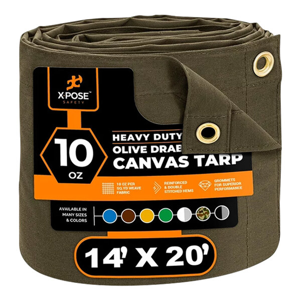 Xpose Safety 14' x 20' Olive Drab Heavy-Duty Weatherproof 10 oz. Poly Canvas Tarp CTOD10-1420