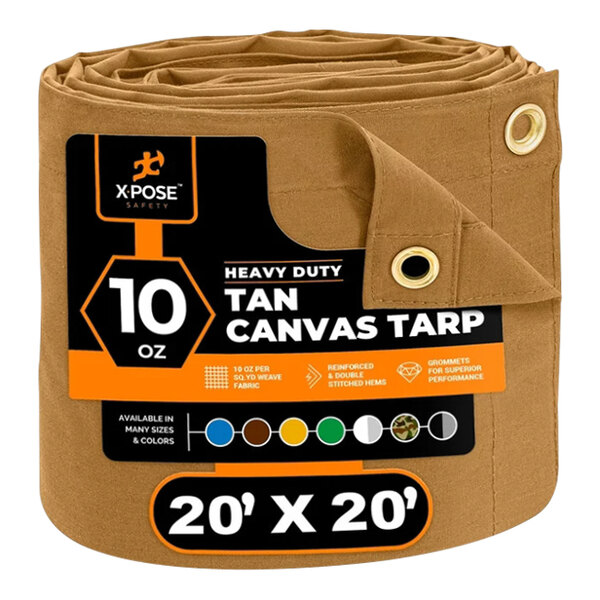 Xpose Safety 20' x 20' Tan Heavy-Duty Weatherproof 10 oz. Poly Canvas Tarp CTT10-2020