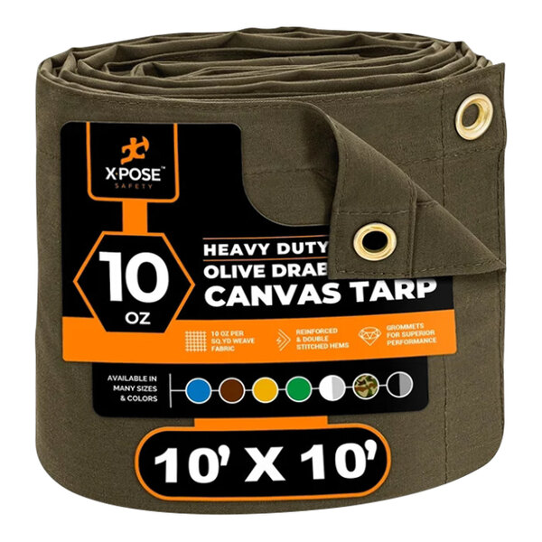 Xpose Safety 10' x 10' Olive Drab Heavy-Duty Weatherproof 10 oz. Poly Canvas Tarp CTOD10-1010