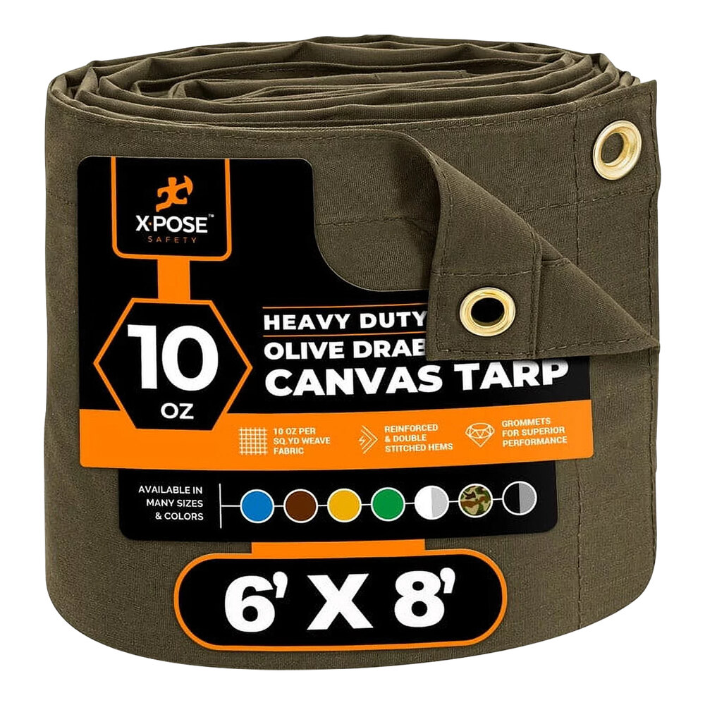 Xpose Safety 6' x 8' Olive Drab Heavy-Duty Weatherproof 10 oz. Poly Canvas Tarp CTOD10-68