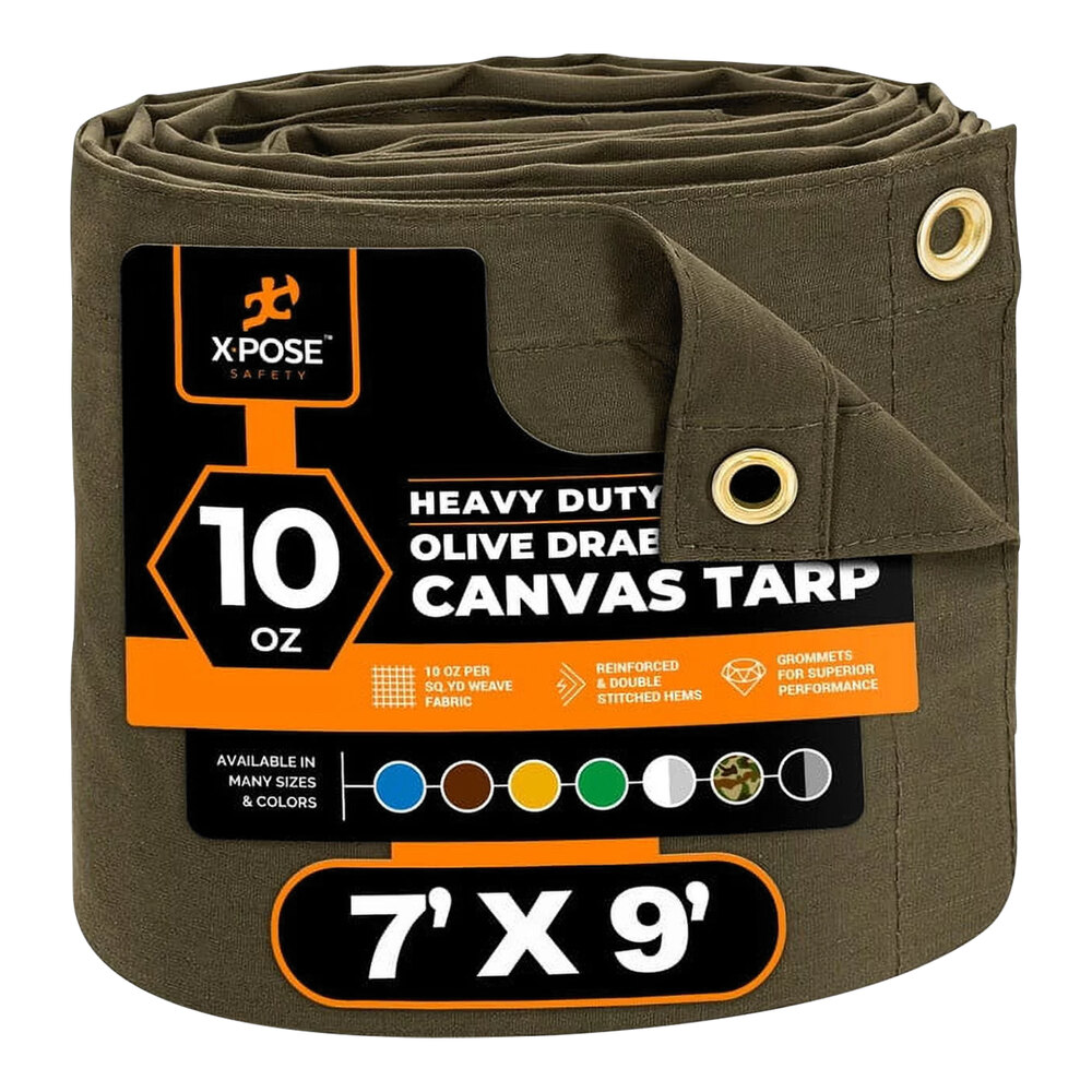 Xpose Safety 7' x 9' Olive Drab Heavy-Duty Weatherproof 10 oz. Poly Canvas Tarp CTOD10-79