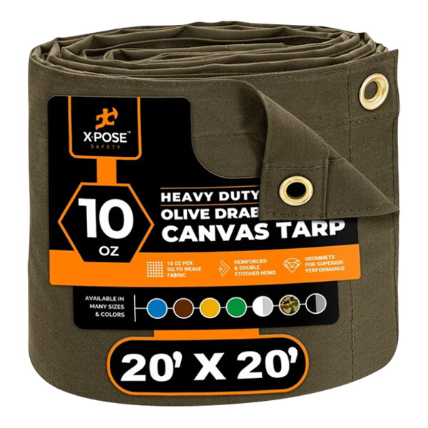 Xpose Safety 20' x 20' Olive Drab Heavy-Duty Weatherproof 10 oz. Poly Canvas Tarp CTOD10-2020