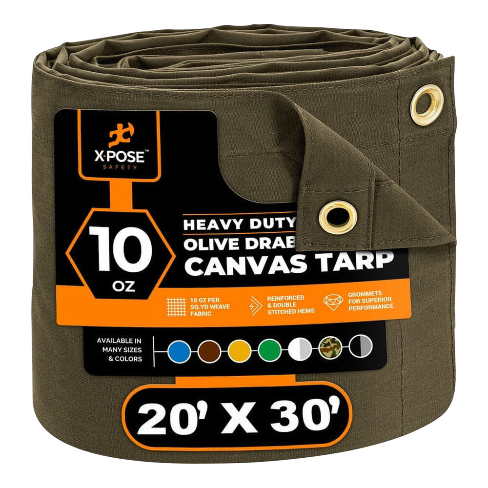 Xpose Safety 20' x 30' Olive Drab Heavy-Duty Weatherproof 10 oz. Poly Canvas Tarp CTOD10-2030